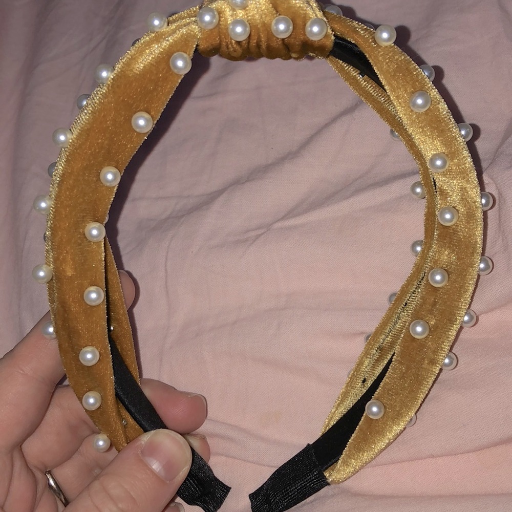 Velvet and pearl mustard yellow turban headband